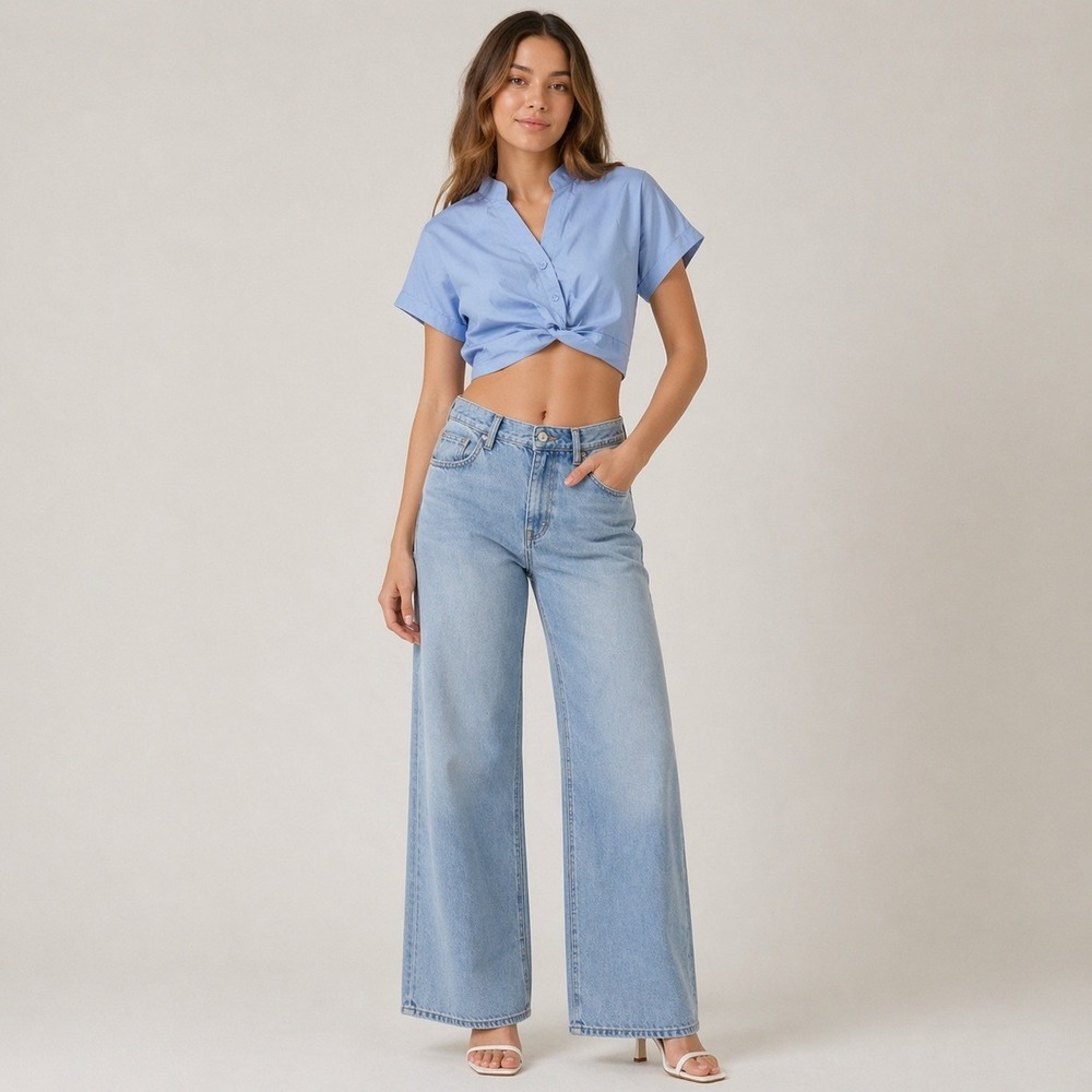 Cider Baby Blue Twist Front Button Up Short Sleeve Crop Blouse